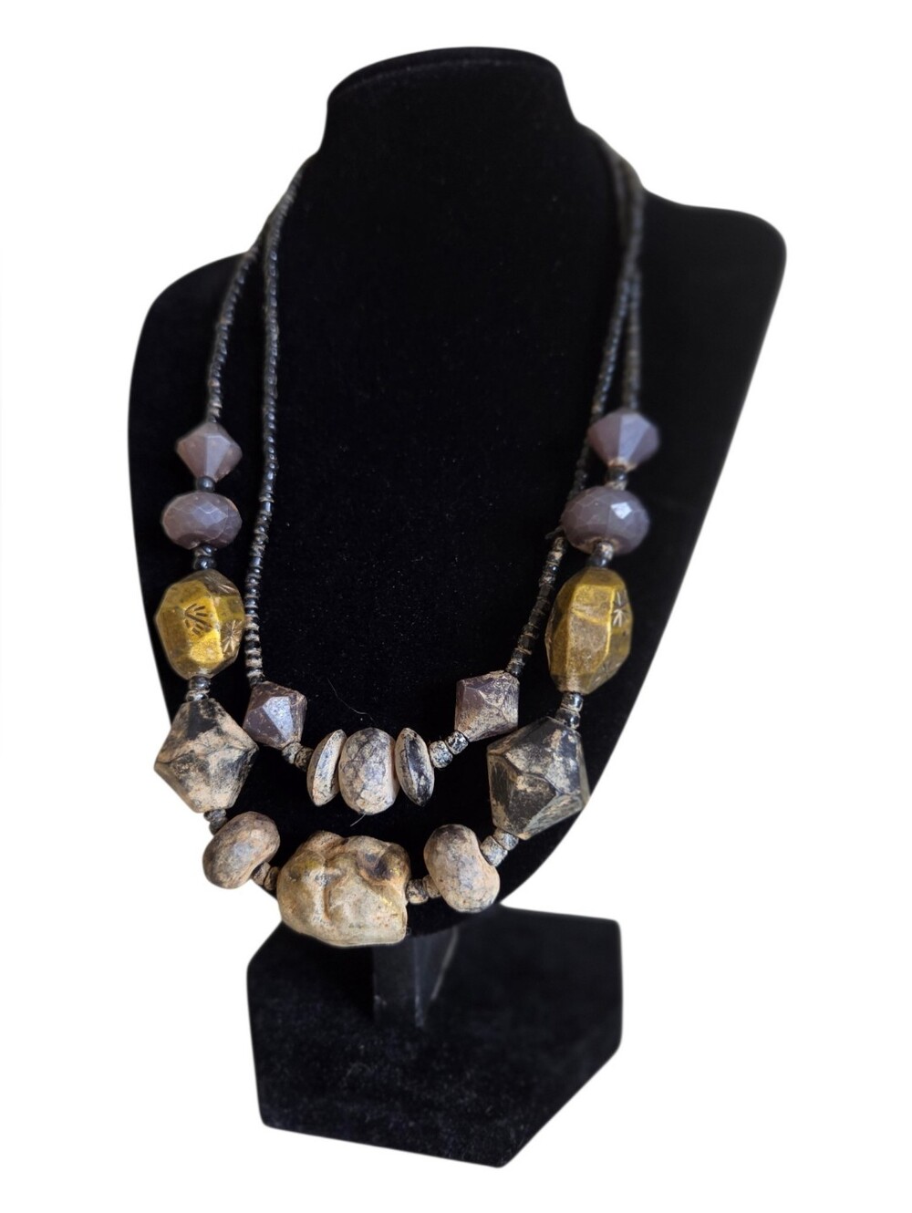 chunky artisan layered beaded necklace faux stone brass geometric rustic